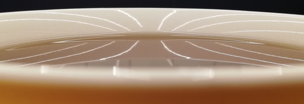 Foto von einer Tasse mit Tee. Auf der Oberfläche des Tees spiegeln sich streifenförmige Lichter