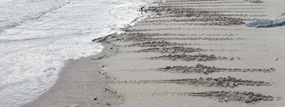 Striche im Sand die ein wellenförmiges Muster erzeugen