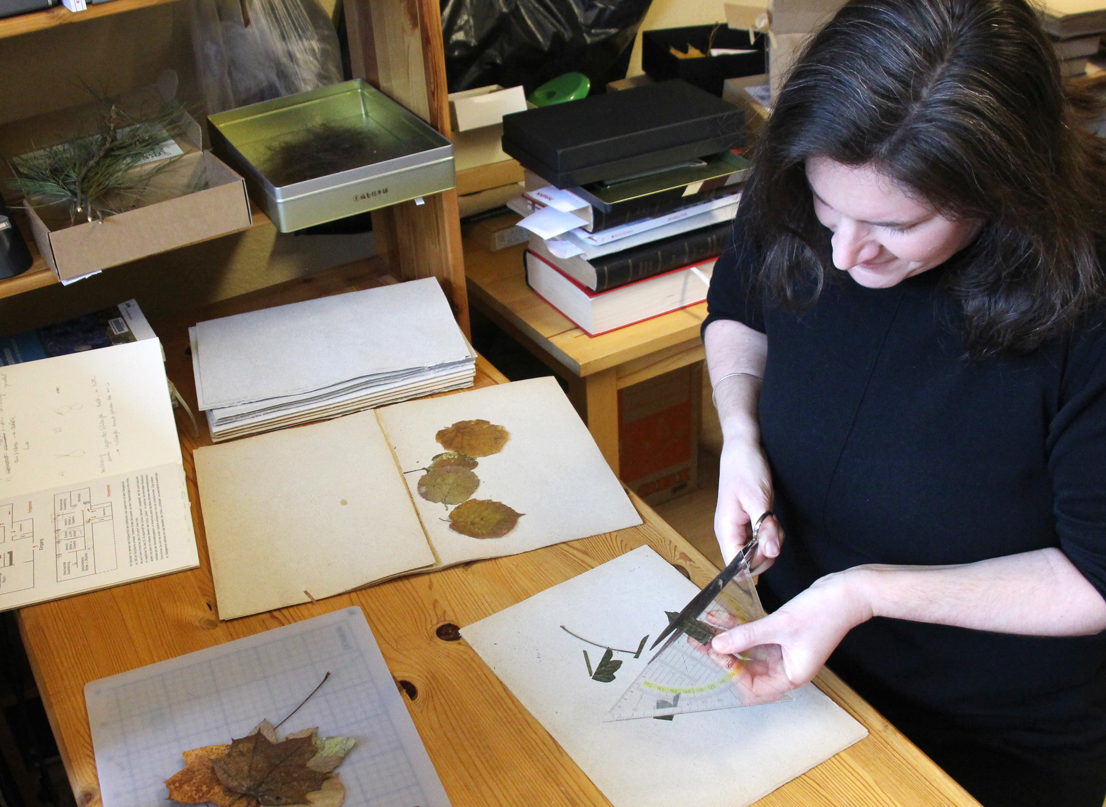 Künstlerin Anna Hielscher im Atelier, schneider Laub. Anna Hielscher Harmlose Kunst