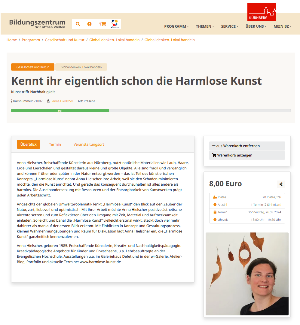 Screenshot der Website vom Bildungszentrum Nürnberg. Text siehe Beitrag. Anna Hielscher Harmlose Kunst